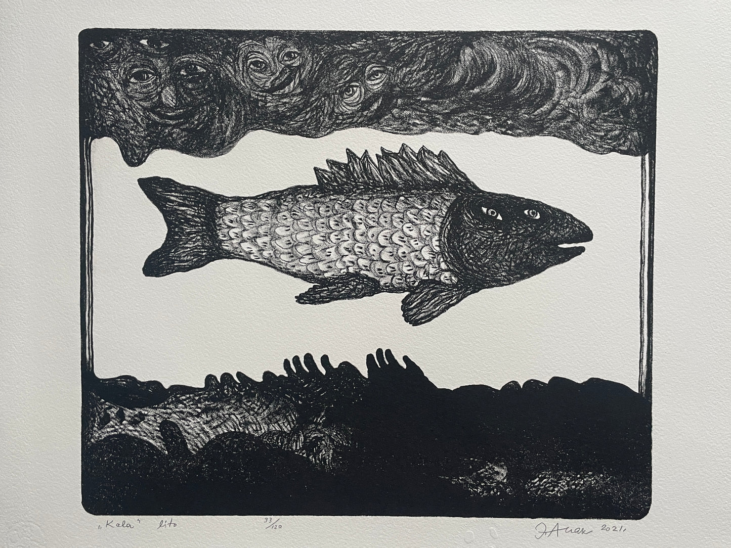 Jüri Arrak, Kala, lithography print 33/120, signed, 21x17"