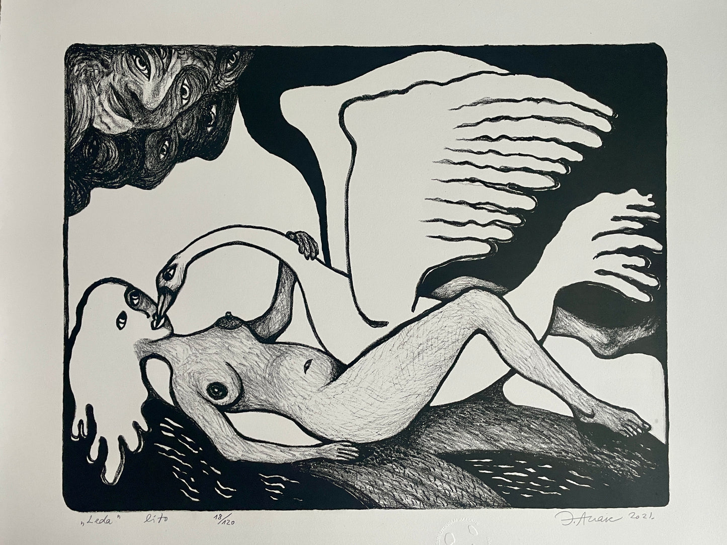 Jüri Arrak, Leda, lithography print 18/120, signed, 21x17"