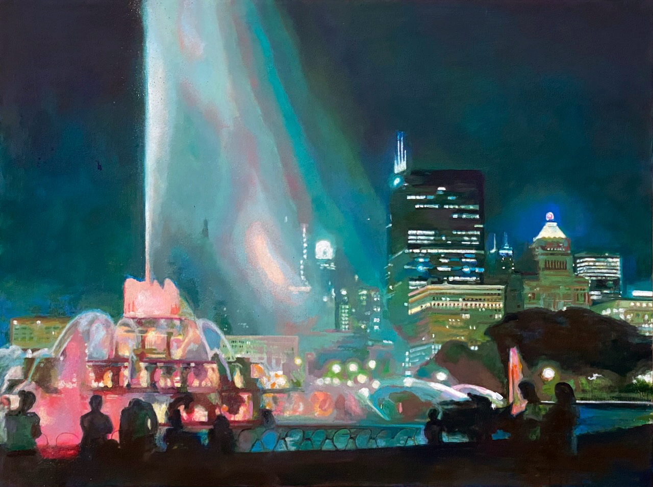 Nightfall at the Fountain, 30 x 40 x 1.75 in, Oil on Panel, 2023