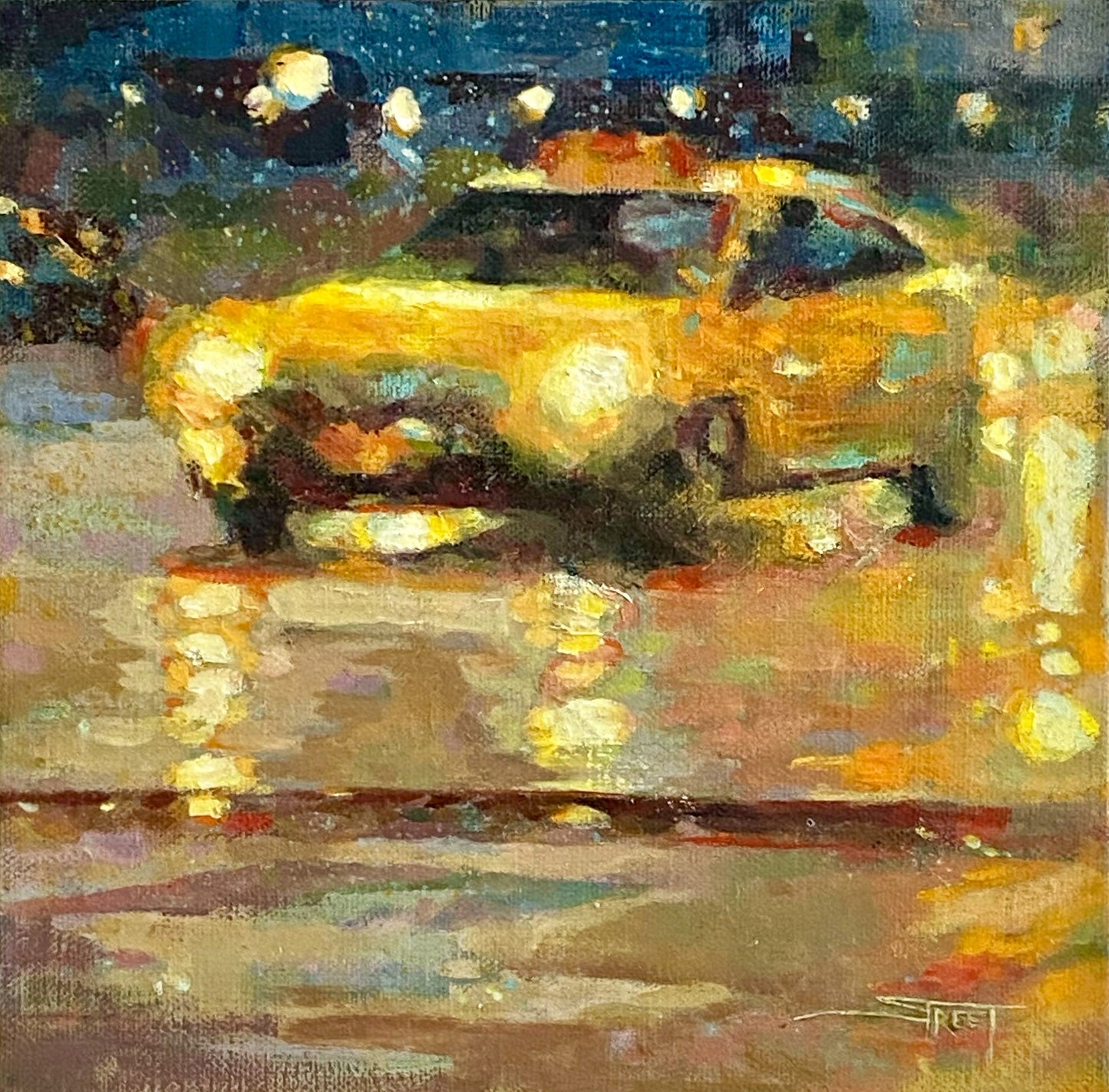 Rainy Day Taxi, 8 x 8 in, Oil on Canvas