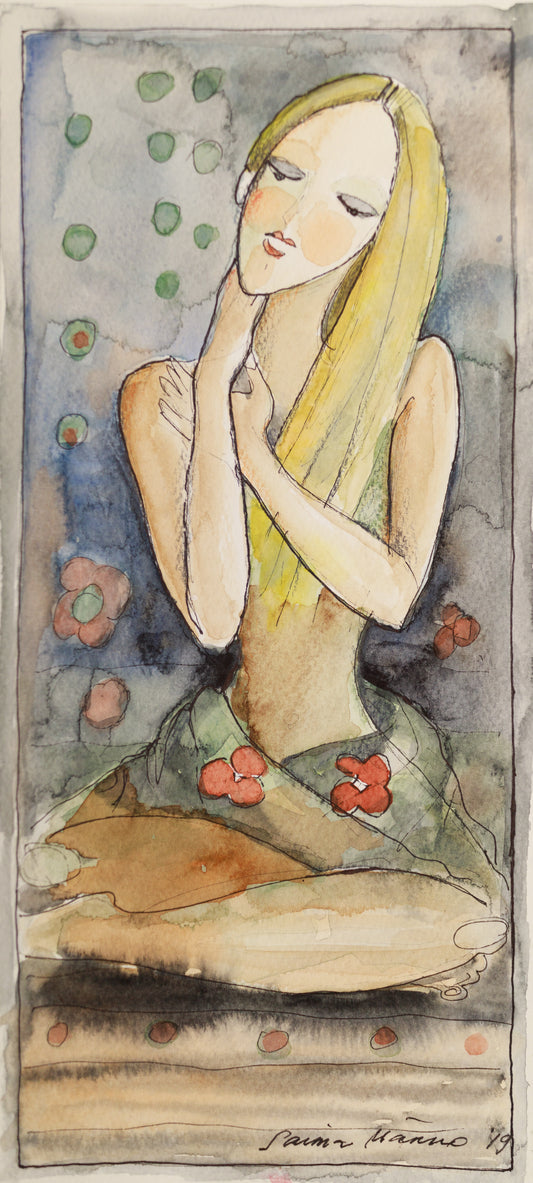 Saima Männo "Bliss", 5"x11.5", watercolor and pen on paper, unframed