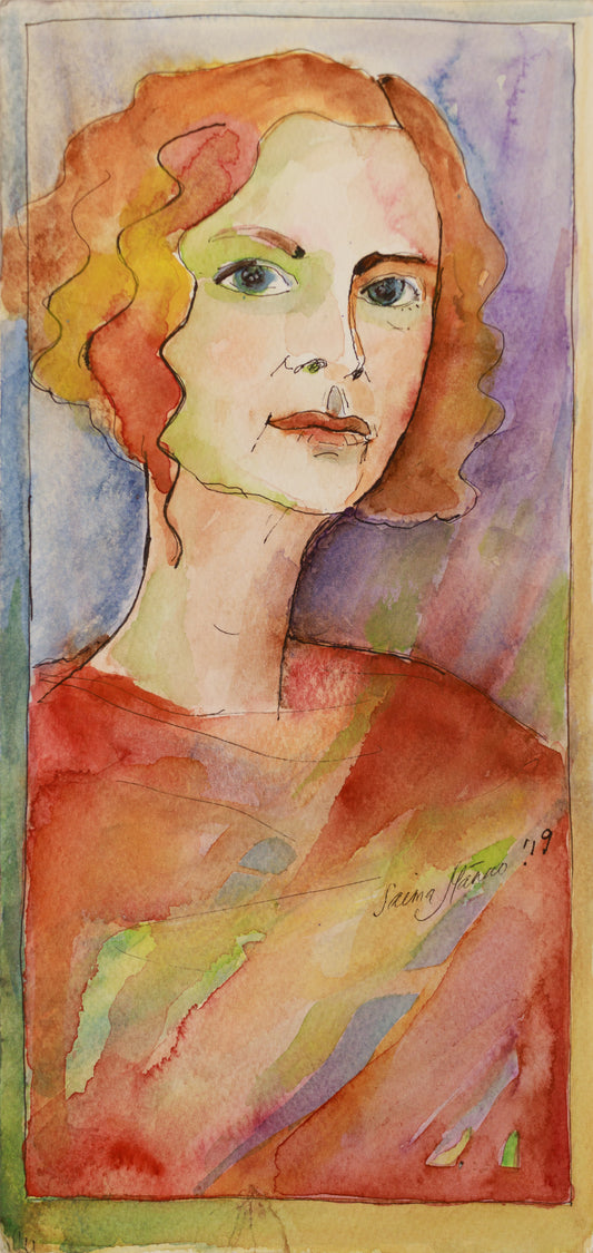 Saima Männo "Redhead", 5"x11.5", watercolor and pen on paper, unframed