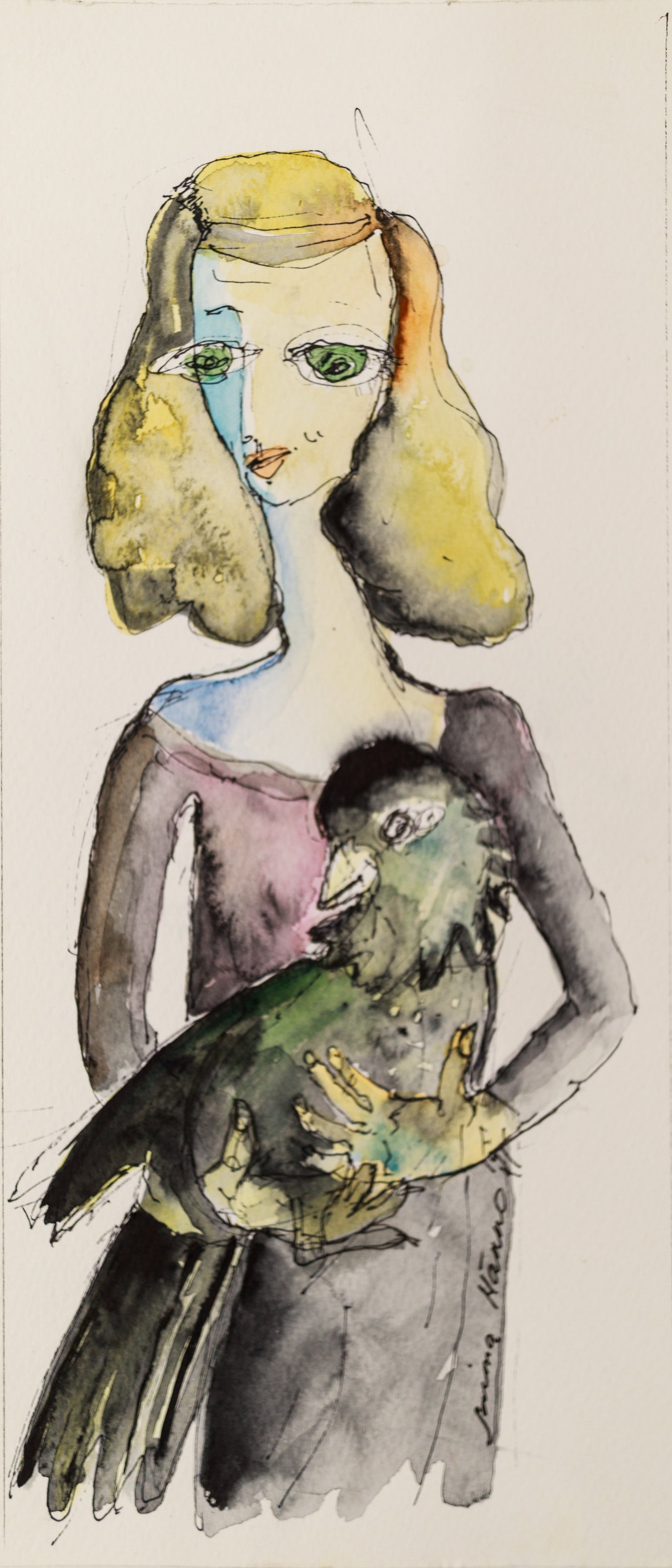 Saima Männo "Bird", 5"x11.5", watercolor and pen on paper, unframed