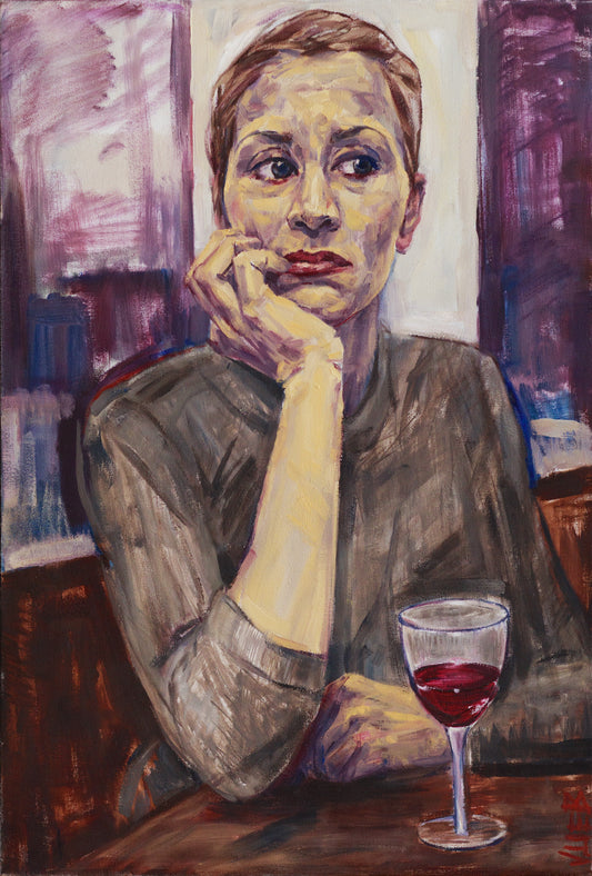 Victoria Loeb, Woman with a Glass of Wine, 2002, unframed Oil on canvas 35x24”