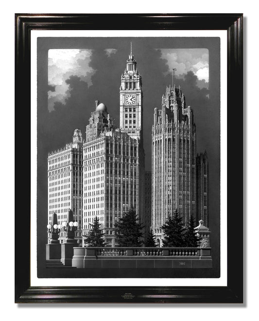 "Study in Light and Form: The Wrigley & Tribune Bldgs." by Jack Nixon, 2016, Graphite on Paper, 80" x 63", FRAMED